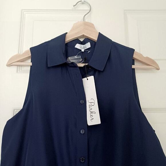 NWT Parker Aquarius Overlay Lace Trim Shirt Dress Navy Blue M Lace Hem - Picture 5 of 11